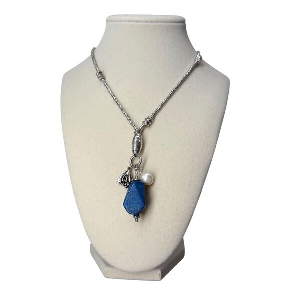 J. Jill Charm Necklace Lapis Stone Shell Pearl Beaded Silver Tone Adjustable NWT - Picture 2 of 9